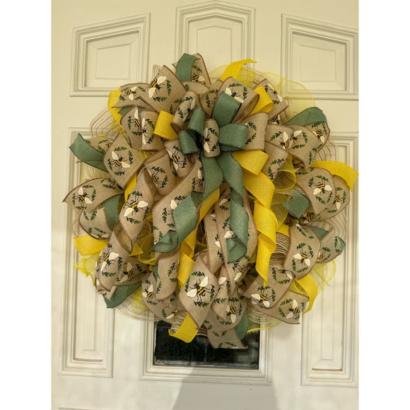 Honey Bee Ribbon Mesh Spring Summer Wreath, Farmhouse Front Door Hanger - Picture 1 of 4